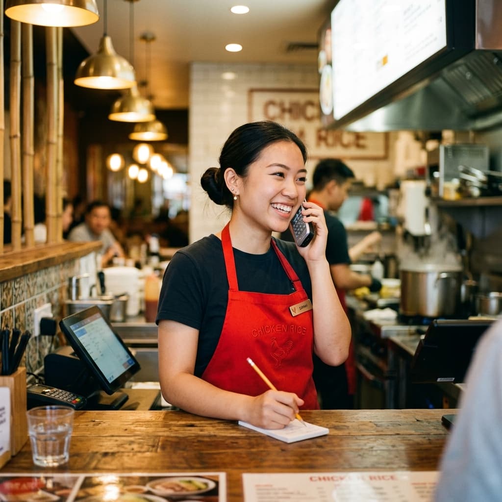 Friendly staff taking a phone order at 3322 Chicken Rice Cups