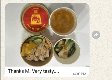 WhatsApp message with a photo of a 3322 chicken rice cup, soup and greens: “Thanks M. Very tasty….”