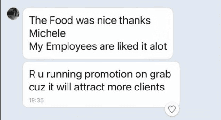 Facebook message: “The food was nice thanks Michele. My employees liked it a lot.”